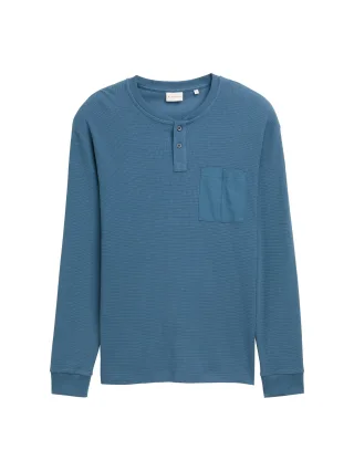 Tom Tailor - Ripp Henley Langarmshirt mit Brusttasche real teal blue - Gr. - XL