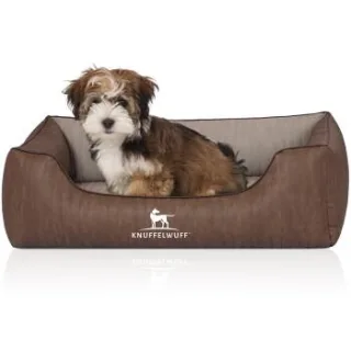 Knuffelwuff Orthopädisches Hundebett Outlander aus laser-gestepptem Kunstleder braun/ grau M-L