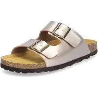 MIDS MOMO Damen Pantolette gold, Zweiriemer mit ergonomischem Fußbett, Korkumrandung und Schnalle