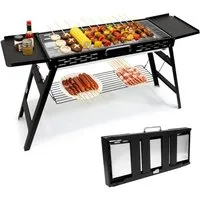 SunJas Holzkohlegrill K-603 Tragbar Klappgrill mit Praktische Seitenablagen, für 5-7 Personen, Grillfläche : 75 cm x 29,5 cm, Standgrill BBQ Grill für Garten, Terrasse & Camping