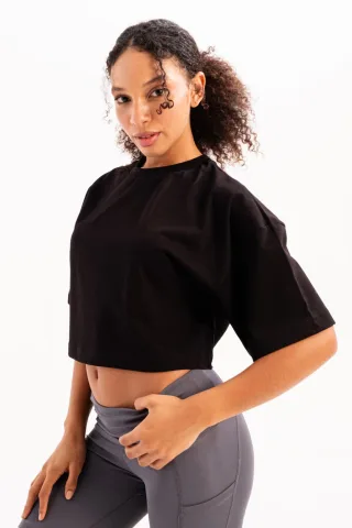 JUSTEVER 100% Baumwolle Crop-Top mit Rundhalsausschnitt, schwarz, Damen - Maia