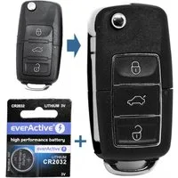 mt-key Auto Klapp Schlüssel 3 Tasten Schwarz + 1x Rohling HAA + 1x CR2032 Knopfzelle, CR2032 (3 V), für NEU VW SEAT SKODA SCHWARZ Funk Fernbedienung