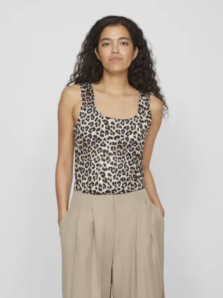 VILA - VIKENZA AOP U-NECK S/L TANK TOP REV-NOOS Caramel Café - Gr. - XS