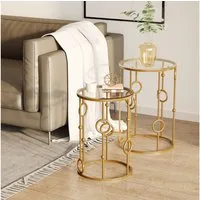 HOMCOM Couchtisch 2er-Set, mit Glasplatte, Reifen- und Kugeldesign (Sofatisch, 2-St., Beistelltisch für Wohnzimme, Balkon), für Wohnzimmer, Schlafzimmer, Flur, Ø41 x 57 cm, Gold