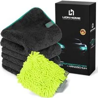 Lion Home 3x Mikrofasertuch 40x40 1200 GSM & Handschuh Set Saugstark & Sanft Mikrofasertuch (Polyamid, Polyester, 40x40 cm, Kratzfreies Reinigungsset für Lack & Haushalt Fusselfrei & Weich)