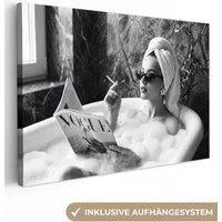 OneMillionCanvasses® Leinwandbild Relaxt - Bad - Schwarz - Weiß, Fotodruck (1 St), Leinwand Bilder Klein, Wand Dekoration Aesthetic 30x20 cm