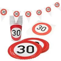 Party Factory Einwegbecher Happy Birthday Verkehrsschilder 30 zum 30-sten Geburtstag, Papier, mit Wimpelkette Verkehrsschild-Design