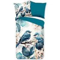 PURE luxury collection Wendebettwäsche Zari, Microfaser, 2 teilig, Mikrofaser, 135x200, 2 Teilig, Wendeoptik, Vogel, Blumen, Blau, Weiss