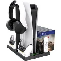 KINSI PS5 Ladestation mit Kühlfunktion&Kopfhörerhalter für PS5 Digital/Disc Controller-Ladestation (Vertikalständer mit 2-fach Ladedock,15 Disc Halter & Kühlgebläse)