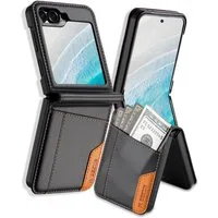 Wigento Handyhülle Für Samsung Galaxy Z Flip7 FE / Flip6 Leder RFID Schutz Hülle Schwarz, RFID Flip Hülle mit Kartenfächern und Ständerfunktion
