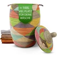 YAADU Wäschekorb mit Deckel 100L – Wäschesammler, Wäschetruhe, Aufbewahrungskorb, Handgefertigt in Afrika aus traditioneller Flechtkunst