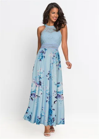 bonprix Maxikleid mit Spitze, blau, Gr.44, Jerseykleid mit Spitzen-Oberteil