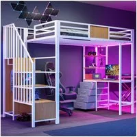 Flieks Hochbett Metallbett 90x200cm mit Schreibtisch Stauraumtreppe LED und Aufladen