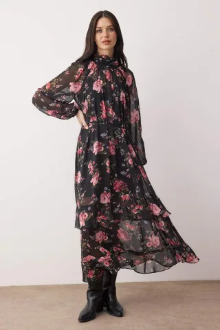 Schwarzes, langes Maxi-Abend-/Tageskleid von Black