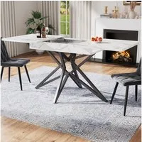 Celya Esstisch Ausziehbarer Esstisch 120 (160) x 80 cm, ausziehbarer Küchentisch (Tischplatte aus Walnussholz/Marmorimitat), Frühstückstisch, sternförmige Tischbeine, schwarze Eisenbeine