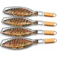 BAYLI Grillspieß 4er Set Fischbräter Fischkorb Grill 36x15 cm Fischgriller mit Holzgrif