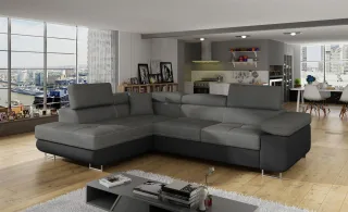 Ecksofa Schlafsofa SARRA Stoff Soft- Sawana Schwarz-Dunkelgrau Ottomane Links