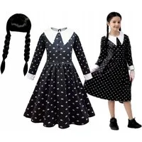 Festivalartikel Kostüm Wednesday Addams Kostüm Verkleidung Girl Schwarz Black Kleid + Perücke