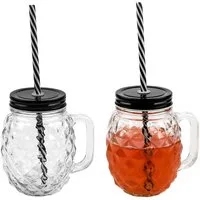 Sinoba Gläser-Set 3D Ananas Trinkglas Set Trinkgläser Garten Party Sommer Grill Deko, 2-tlg., mit Deckel und stabilem Strohhalm 450ml