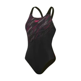 Speedo - "Hyperboom Placement" Badeanzug für Damen, Halboffener Rücken (Schwarz/Pink/Holzkohle)