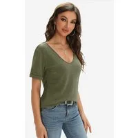 Imily Bela T-Shirt Damen Modische Kurzarmtops mit tiefem V-Ausschnitt (Packung, 1-tlg., 1per-Pack) einfarbig
