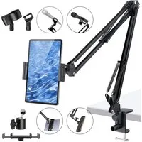 AIMAX Tablet-Halterung Handyhalterung mit Gelenkarm & Tischklemme für Smartphone & Table, (1 Doppelzug Halter (12-25cm), 2 Mikrofonclips (3-6cm + U-Klemme)