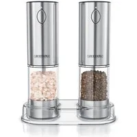Arendo Salz-/Pfeffermühle Elektrische Salzmühle & Pfeffermühle, stufenlos einstellbar, aufladbar Akku, (2 Stück), Edelstahl, Keramikmahlwerk, 2er Set, LED-Beleuchtung, Li-Ion Akku, USB