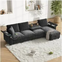 Flieks Ecksofa mit 1 USB und 1 Typ-C, Links und rechts austauschbar, 4-Sitzer, L-förmig Chenille-Stoffsofa mit Bettkasten & 2 Zierkissen grau