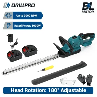 Drillpro Cordless Hedge Trimmer 20 Inch 180 Degree Rotatable Head 1000W Brushless Motor 2 Rechargeable Batteries 3000RPM