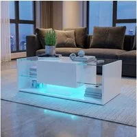 BELUPAI Couchtisch Hochglanz Wohnzimmertisch mit LED-Beleuchtung, Weiß Sofatisch mit Schubladen und 4 Glasstücke
