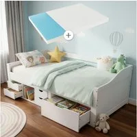 Juskys Stauraumbett Nalu, 90x200 cm Funktionsbett mit Matratze, Lattenrost & Schubladen, Holz