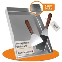 Lemodo Grillplatte Plancha aus Edelstahl 4 mm 40x29,5 cm mit Rand & Spachteln (Plancha, Spachtel gebogen, Spachtel flach), Edelstahl 4 mm dick
