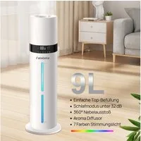 FATABETA Luftbefeuchter 9L Raumbefeuchter Intelligente Feuchteregelung, ultraschall, 9 l Wassertank, für 50 m² Räume, Timer, Fernbedienung, Aroma-Diffusor &7-farbiges Licht