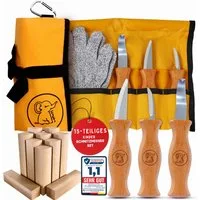 Eli Taschenmesser Schnitzmesser Kinder - Kindermesser - Schnitzset - Kindertaschenmesser, (Schnitzwerkzeug - Outdoor Messer, 5 St., Kinderschnitzmesser - Griffe aus Buchenholz), inkl. schnittfeste Handschuhe - Beidhändig - rostfreier Stahl