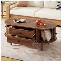 MODFU Couchtisch Design-Tisch mit vertikalen Streifen (Packung, 1-St., Schlichtes Design, MDF, Nussbaum), 100x40x50cm, oval, 2 Schubladen