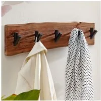 FINEBUY Garderobenpaneel Wandgarderobe Holz Metall Garderobe Flur Massivholz Paneel (Akazie Massivholz / Metall 60 x 17 x 9 cm), Hakenleiste Garderobe, Flurgarderobe Baumkante