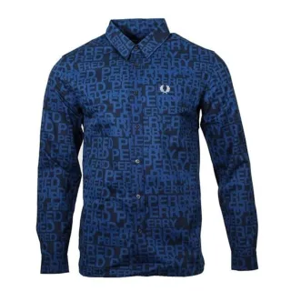 Fred Perry - Langärmliges Hemd mit Allover-Logo in schattiertem Kobaltblau