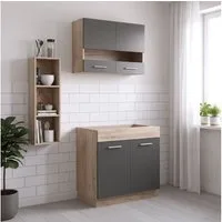 Homestyle4u Küchenzeile 80 cm ohne Geräte, Singleküche, matt Grau Eiche, Glas-Oberschränke, (Oberschränke, Unterschränke), Küchenblock mit Oberschränken und Unterschränken, Einbauküche