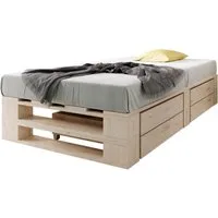 sunnypillow Palettenbett M2 aus Holz mit Lattenrost und 2 Bettkästen, 90 x 200 cm + Schubladen Natur