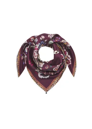 Luxuriöses Tuch aus reiner Seide mit Blumen-Muster und Leoparden lila