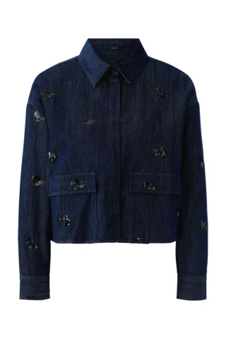 Oui - Jacke edel mit Paillettenstickerei blau - Gr. - 46