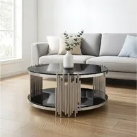 MODFU Couchtisch Stilvoller Sofatisch mit klarem Glas-Kreisdesign (Packung, 1-St., Runder Glas-Couchtisch 80 cm, Schwarz, Silber-Stahlbasis), Luxuriöser Mitteltisch für Wohnzimmer & Office, Doppelglasplatte