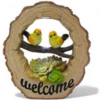 Arnusa Gartenfigur Solar Welcome Schild Gartendeko beleuchtet Holzoptik 23x20 cm, Solarleuchte Solarlampe Vogel