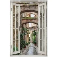 Wallario Sichtschutzzaunmatten Grüne italienische Gasse - mit alten Bögen, mit Fenster-Illusion