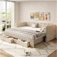 Flieks Daybett, Polsterbett Tagesbett 90/180x200cm mit Ausziehbett, 2 Schubladen, USB