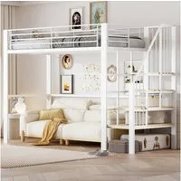 Flieks Hochbett Metallbett Kinderbett 90x200cm mit großen Stauraum und Treppe
