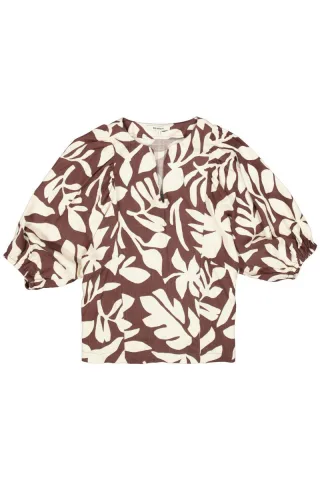 Garcia - Gemusterte Bluse mit Ballonärmeln und Stehkragen beige/braun - Gr. - XS