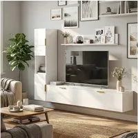 HOMCOM TV-Regal mit Wandregal und Aufbewahrungsschrank, Wohnwand Wohnzimmer 1-tlg., für Fernseher bis 55", Hochglanzweiß