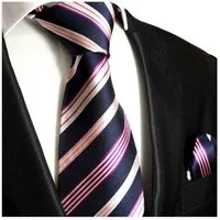 Paul Malone Krawatte Herren Seidenkrawatte mit Tuch modern gestreift 100% Seide (Set, 2-St., Krawatte mit Einstecktuch) Breit (8cm), dunkelblau pink 608