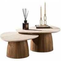 Maison ESTO Couchtisch SORANO 2er Set organisch Travertinoptik beige 3D Keramikplatte (2´er Set), Pflegeleichte hochwertige Keramikoberfläche